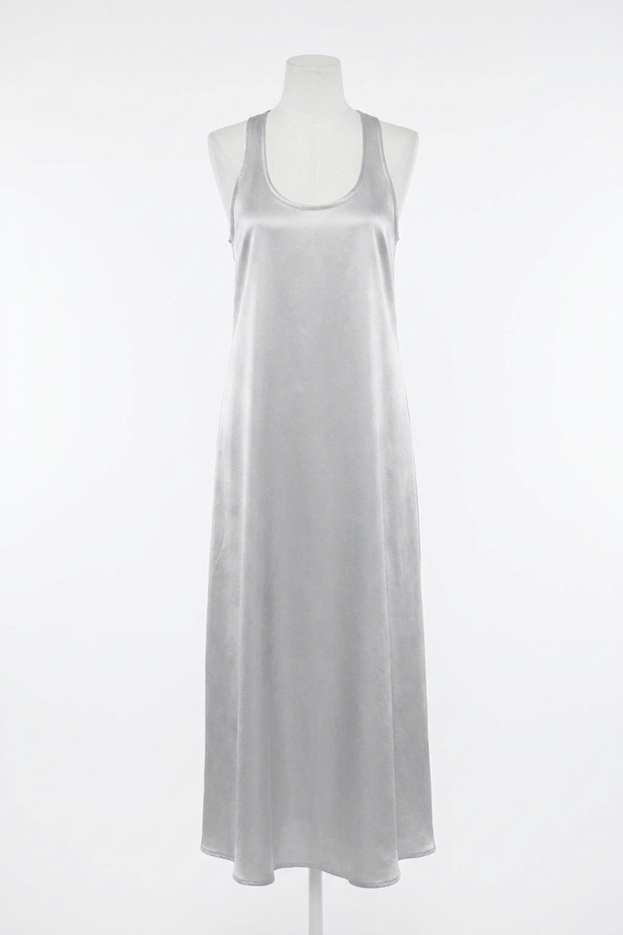 NEW PJ HARLOW jessica satin knee length gown with pleated back in dark silver